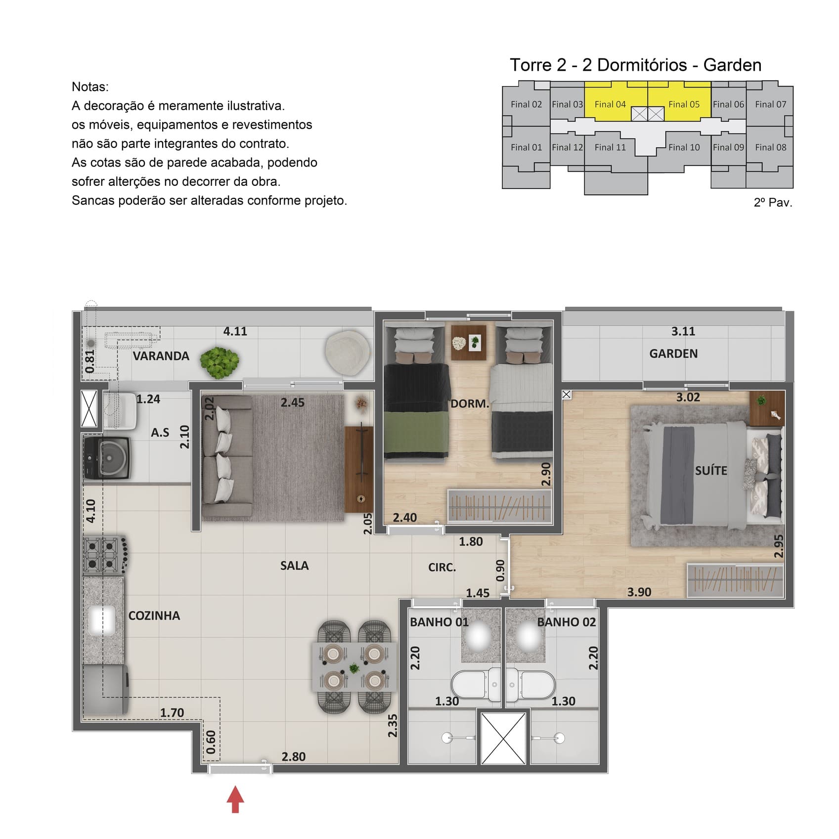 Planta 2 Quartos Garden 79m² Metropolitan Dream